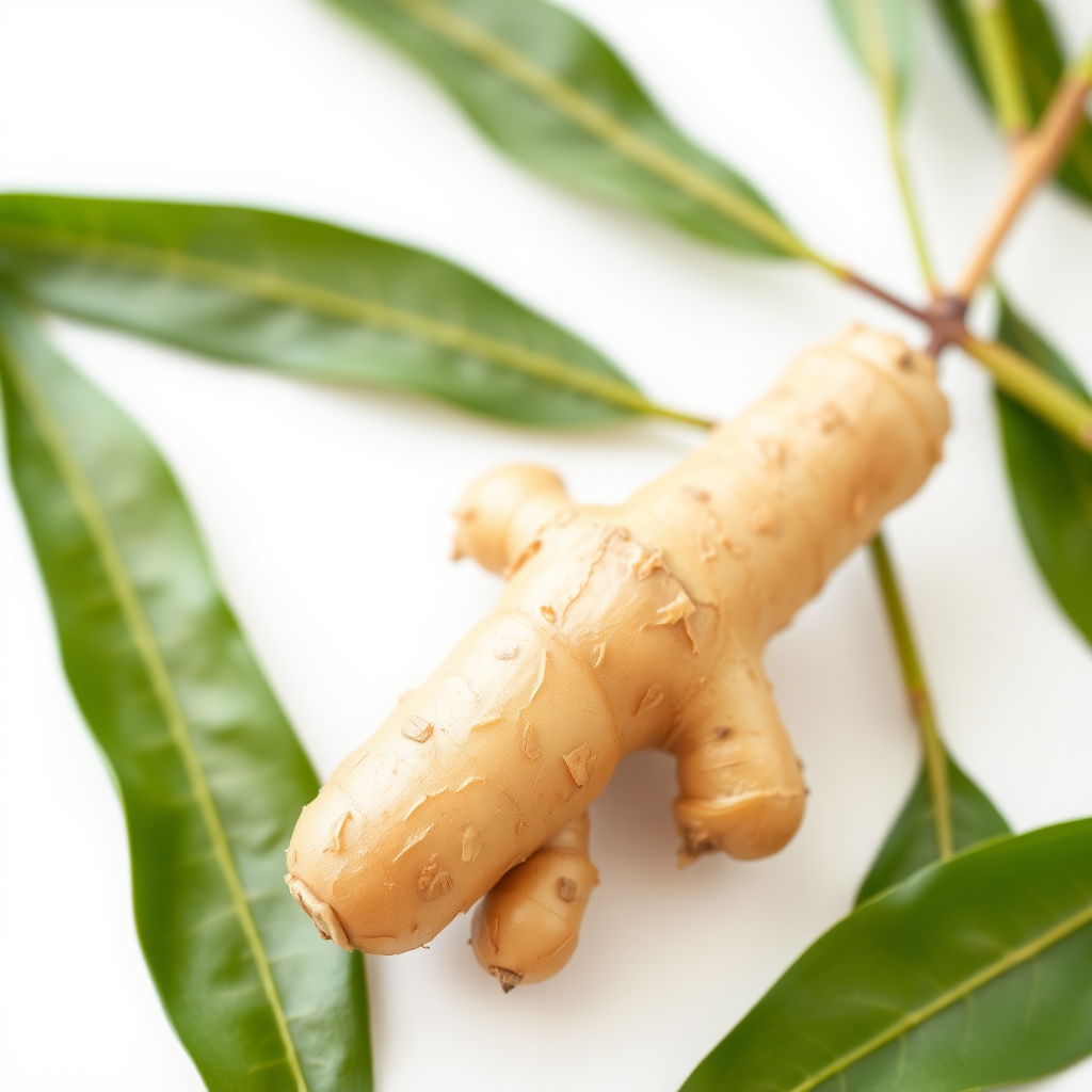 Fresh ginger root on a white background with green leaves, macro view, soft natural lighting, ISO 100, aperture f/2.8, focal length 50mm, DSLR camera.