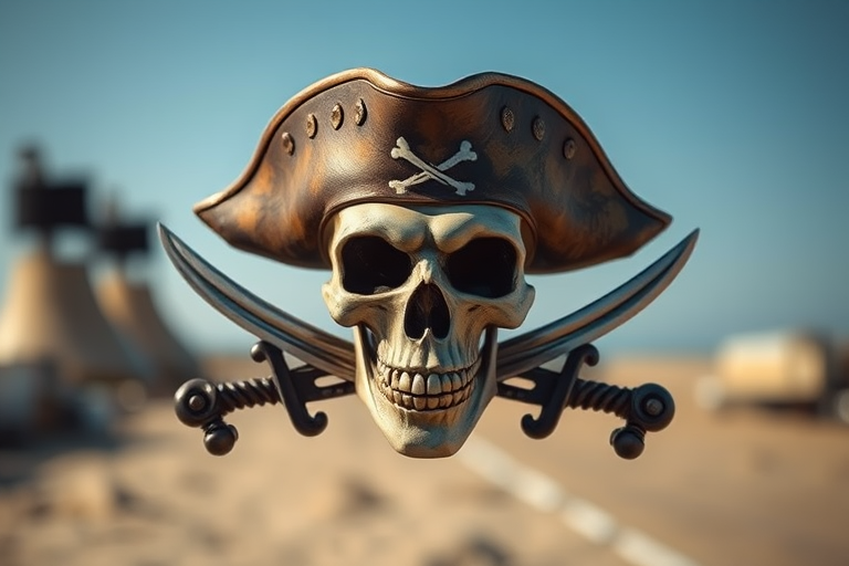 Create a high-resolution image of a pirate skull and crossed swords, using a DSLR camera with a 50mm lens, aperture set to f/2.8, ISO 100, shoot in daylight to enhance clarity and detail, with a shallow depth of field to focus on the emblematic design.