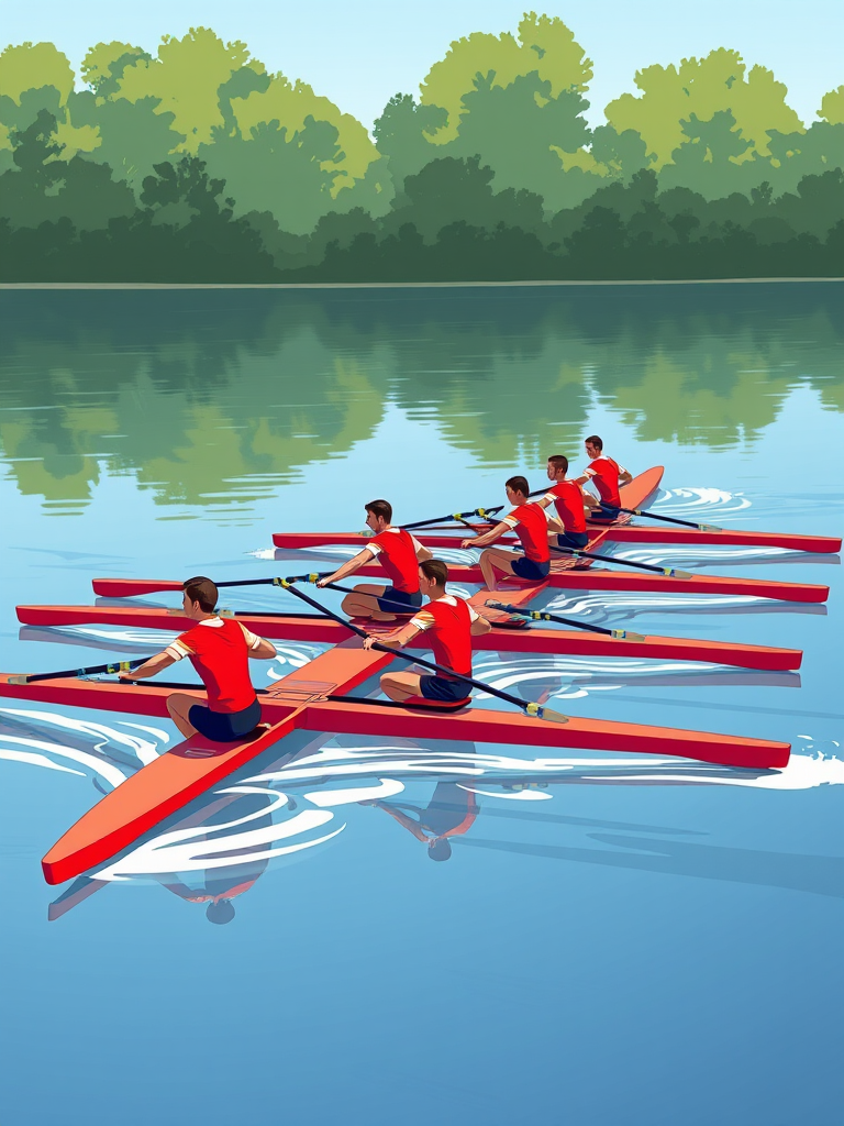 Generate an illustration of eight stylized rowers in red, viewed from a slightly elevated angle, using a digital art style, with high resolution and vibrant colors, simulating a 50mm lens effect.