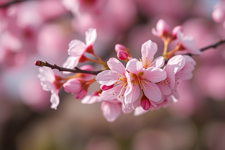 Close-up shot of pink cherry blossoms on a branch, soft focus background, f/2.8 aperture, 1/200s shutter speed, ISO 100, 50mm lens, natural light photography, DSLR camera.