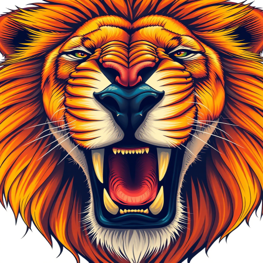Create a hyper-detailed illustration of a roaring lion head with vivid orange and yellow fur, emphasizing the fierce expression, using a DSLR camera with a f/2.8 aperture, 50mm lens, and shot from a close-up angle for enhanced clarity and focus on the face.