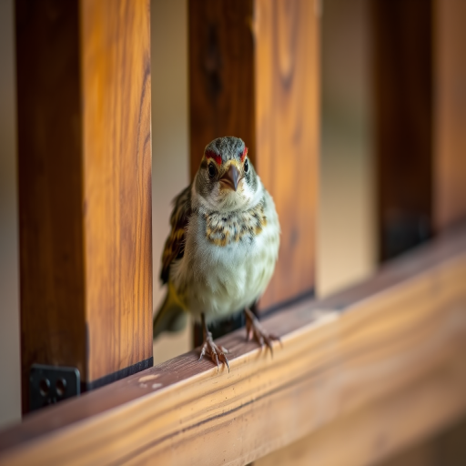 Create an image of a sparrow perched quietly among wooden slats with a blurred background, using a DSLR camera, aperture f/2.8, shutter speed 1/200s, ISO 100, and a 50mm lens for sharp detail and vibrant colors.