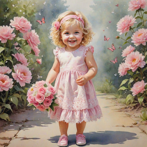 hyperrealism happy smiling toddler girl with messy wavy blonde hair with a headband, she is wearing a pink and white lace dress with pink and white shoes, she is holding a pink bouquet of flowers. Pink flowers and butterflies. summer background. Watercolor Highly detailed