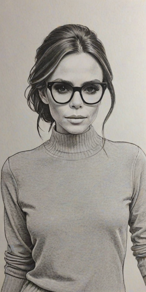 Radiant Victoria Beckham, pencil sketch, portrait of Comely woman 1973s in glasses, hair style beatnik, outline, clear lines, fine lines, 8k