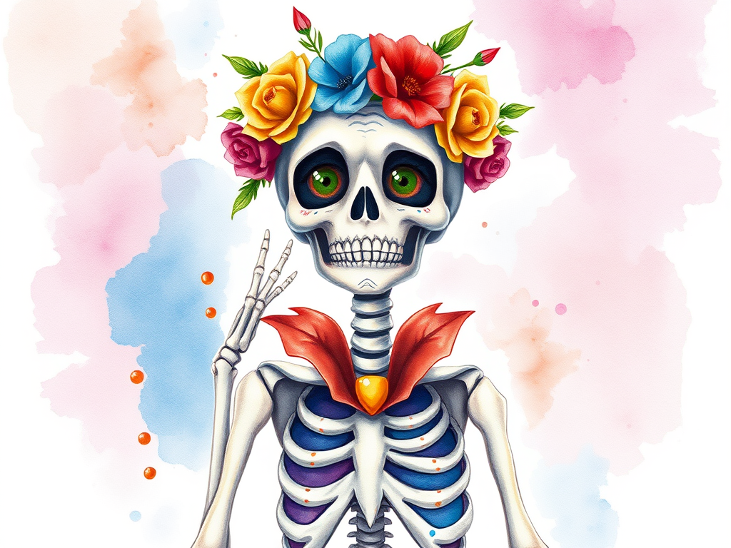 Create a vibrant watercolor illustration of a skeleton character with a floral crown, colorful attire, and a playful pose, using a Canon EOS R5, 50mm lens, f/1.8 aperture, ISO 100, and soft natural lighting for enhanced image quality.