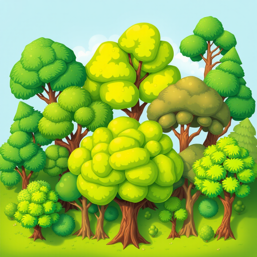create a vibrant, cartoon-style illustration of various tree types with different shapes and sizes, focus on exaggerated green colors and smooth textures, shoot with a DSLR camera at f/8, ISO 100, 50mm lens, top-down view, high dynamic range to enhance image quality