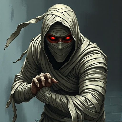 Create a detailed and high-resolution illustration of a mummy figure wrapped in tattered bandages with glowing red eyes, in a dynamic pose, captured from a low angle view, using a DSLR camera with a 50mm lens, aperture f/2.8, ISO 100, and natural lighting for enhanced depth and clarity.