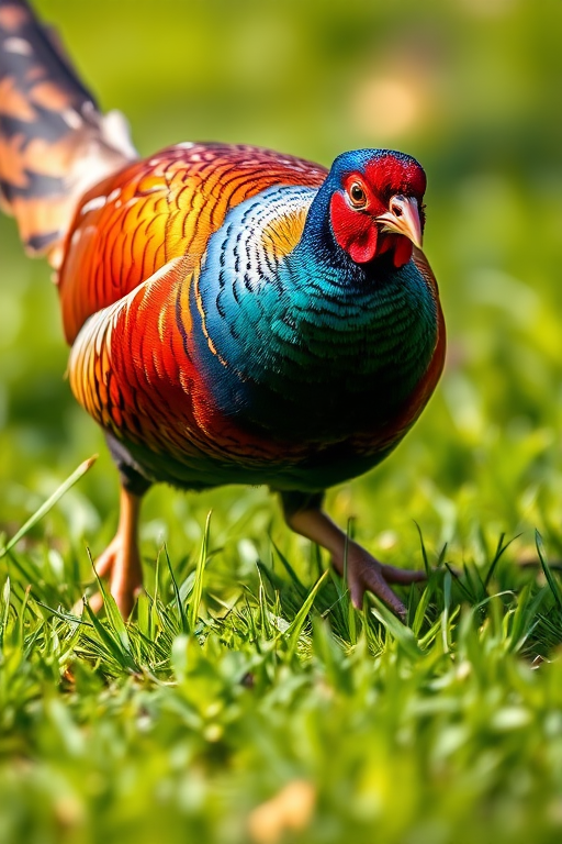 Capture a close-up shot of a colorful pheasant walking on lush green grass, using a DSLR camera with a 50mm lens at f/2.8, ISO 200, 1/500s, natural lighting and shallow depth of field for enhanced detail.