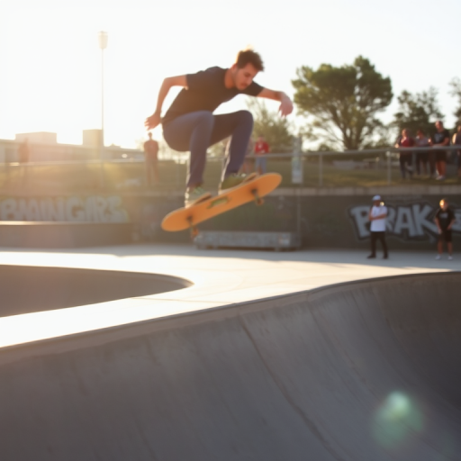 Blurry action shot of a skateboarder mid-air above a concrete ramp, sunlight casting long shadows, the graffiti-covered walls of the skatepark in the background, distant onlookers watching, the sound of rolling wheels and cheers filling the air.