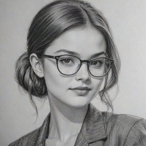 Elegant Ciara Bravo, pencil sketch, portrait of Alluring woman 1949s in glasses, hair style beatnik, outline, clear lines, fine lines, 8k