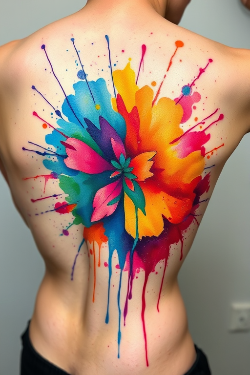 Watercolor splash tattoo, "Chromatic Explosion," depicting an abstract burst of vibrant colors blending and bleeding into each other, with splatters and drips extending outwards, creating a dynamic and energetic piece ideal for the back or side