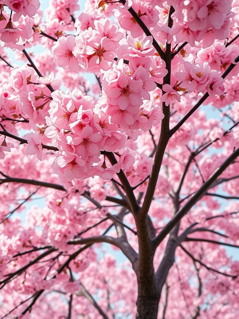 Create a vibrant, high-resolution image of a blooming cherry blossom tree in full pink blossom, captured with a Canon EOS R5, 50mm lens, f/1.8 aperture, ISO 100, under soft natural lighting, from a low angle perspective to emphasize the tree's height and beauty.