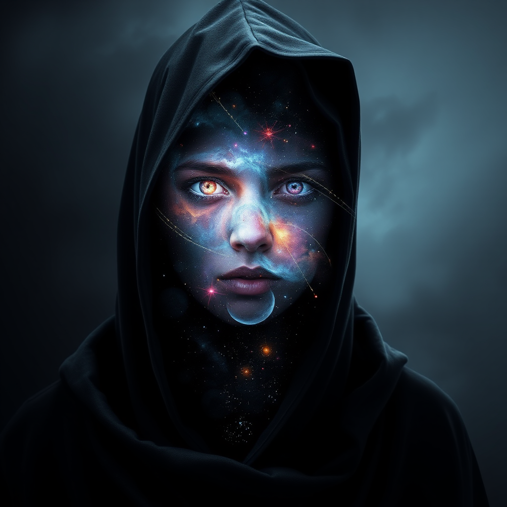 A mysterious hooded figure stands silently, the dark cloak flowing around them like shadows. Beneath the hood, their face is a mesmerizing cosmic scene where swirling galaxies, radiant stars, and vibrant planets form the features. Nebulas drift where eyes should be, glowing softly, while delicate streaks of cosmic energy trace the outlines of a nose and lips. Comets streak across the vastness of their face, and faint constellations pulse with life. The entire visage shifts and evolves as if the universe itself is contained within the figure, giving an ethereal, otherworldly presence to their form.