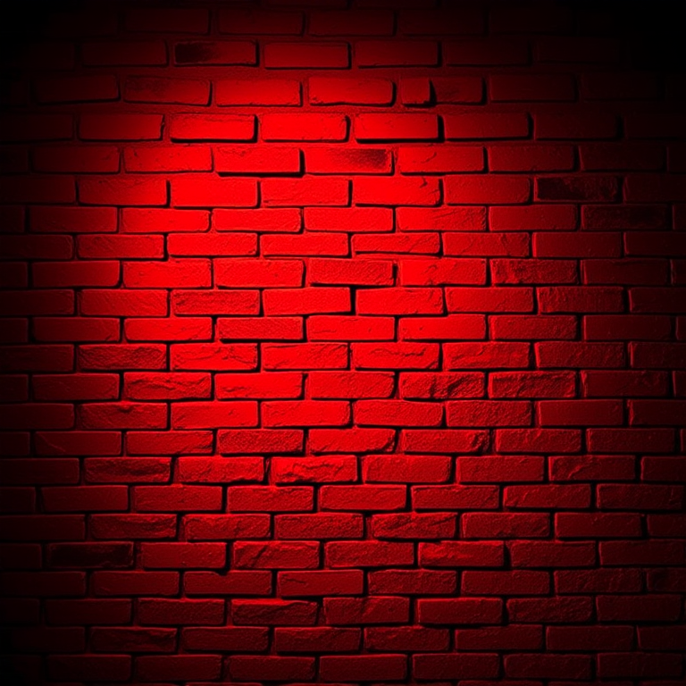 Red brick wall texture with a gradient of dark to light red lighting, shot in low light conditions, using a DSLR camera with a 50mm lens, f/1.8 aperture, ISO 100, and a slight vignette effect for depth.