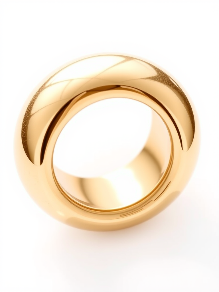 Create a high-resolution image of a shiny, reflective gold ring with a smooth surface and a circular hole in the center, using a DSLR camera at f/8 aperture, ISO 100, with a 50mm lens, in soft natural lighting and a clean white background.