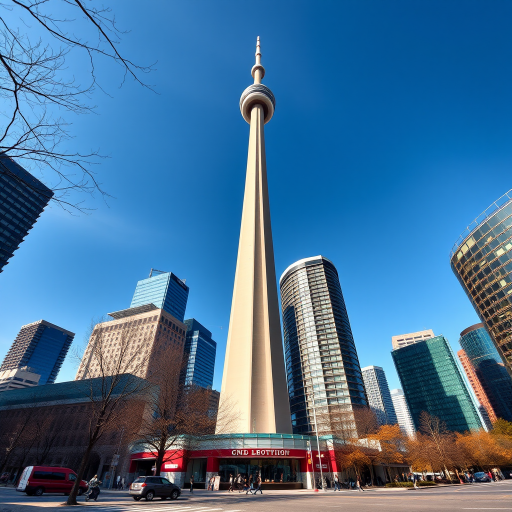 Create a high-resolution image of the CN Tower in Toronto, using a DSLR camera with a 50mm lens, aperture f/8, ISO 100, and a wide-angle perspective to capture the tower's details and surroundings in bright daylight.