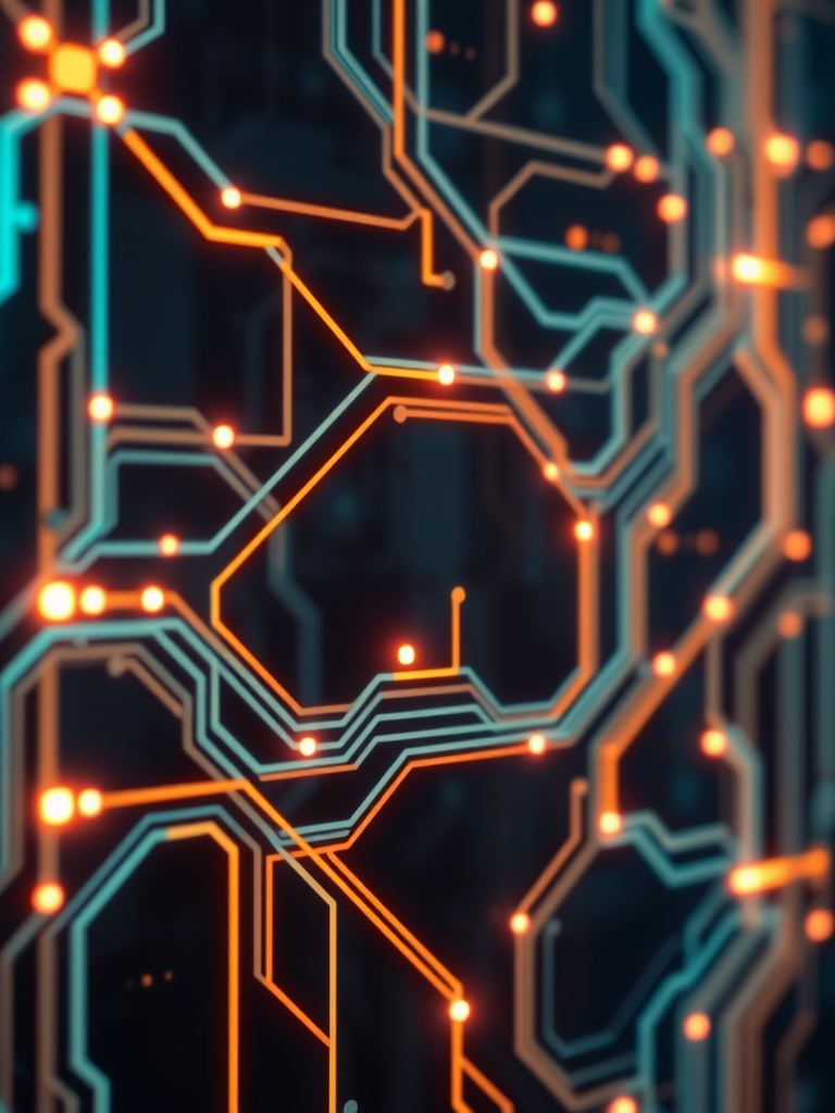 futuristic computer network with glowing circuits, abstract technology background, high-resolution, 35mm lens, f/1.8 aperture, ISO 100, soft natural lighting, shot from a slightly elevated angle, digital illustration style