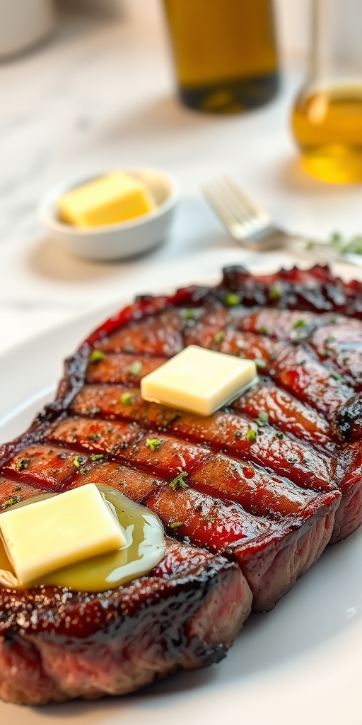 Create an image of a perfectly seared ribeye steak, resting on a white plate with a pat of melting butter on top. The steak is seasoned with fresh herbs like thyme and parsley, with glistening juices highlighting the texture of the meat. The background features a soft focus on a light, marble countertop, with a small dish of butter and an olive oil bottle in the distance. The overall mood should be warm and inviting, capturing the deliciousness and juiciness of the steak.
