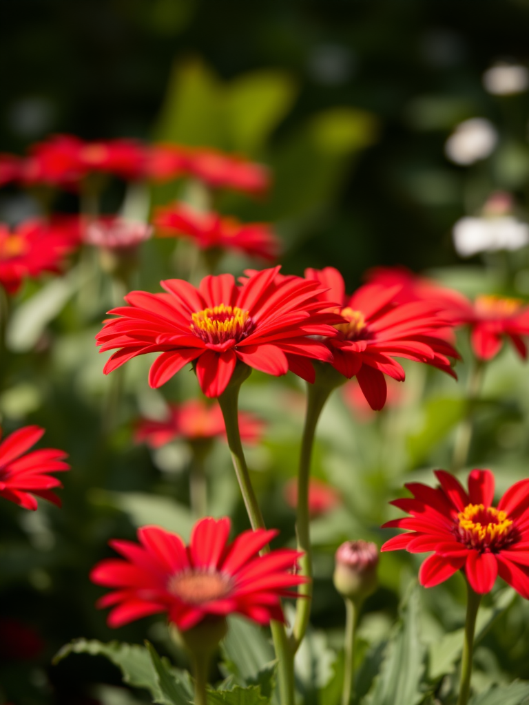Close-up shot of vibrant red flowers in a garden, f/2.8 aperture, 50mm lens, ISO 100, natural lighting, soft background blur, shallow depth of field, DSLR camera.