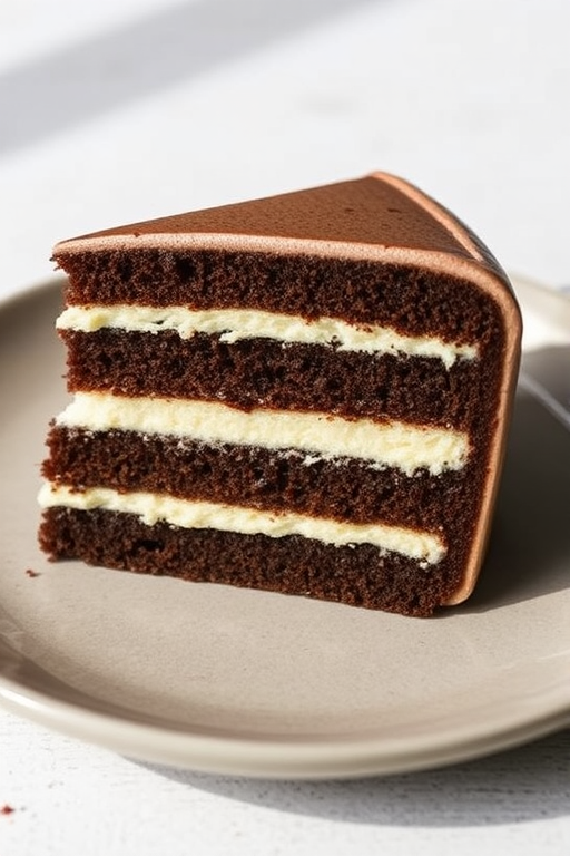 A slice of layered cake on a neutral plate showcasing distinct layers of chocolate and vanilla with cream filling between them, placed on a textured surface in a bright setting.