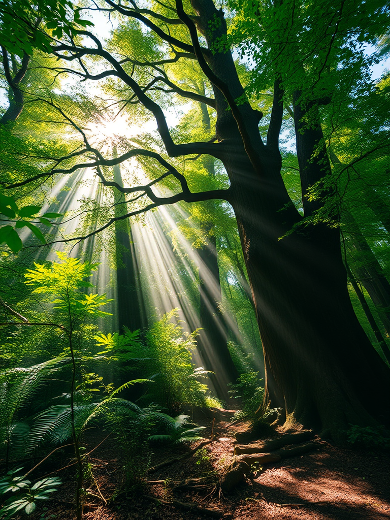 Ethereal forest scene capturing sunlight filtering through ancient trees, with vibrant green foliage and a serene atmosphere, shot with a Canon EOS R5 at f/2.8, ISO 100, 24mm lens, using a shallow depth of field for rich detail and bokeh effect.