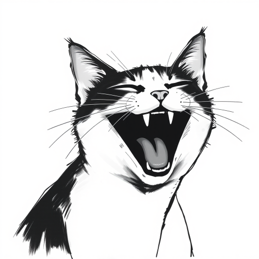 Abstract black and white acrylic portrait of an over exaggerated laughing (cat). Minimalism style. White background.
