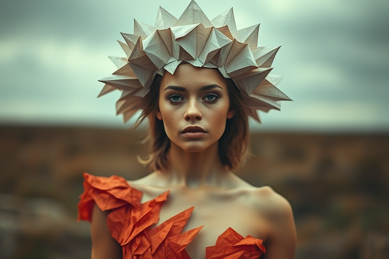 Create an ethereal portrait of a woman with a surreal paper crown and fragmented dress in a moody landscape, using a Canon EOS R5, 85mm lens, f/1.8 aperture, natural lighting, with a slight vignette effect for depth.