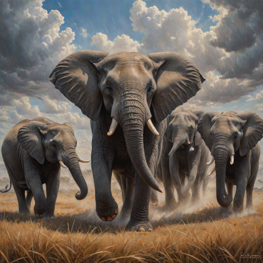 vivid colourful hyper-realistic Oil Painting. a charging group of many large angry elephants. A huge dominating bull elephant leads with huge white tusks ears. Includes a  baby elephant.  Lots of swirling dust whirling around them rising high and being kicked by their feet. Dark dramatic blue-grey fills the sky with warm breaking through. Colourful oil painting style. dry grass on the ground on each side. dark soft graduated band across top of picture. Warm colour. Art Look added in Topaz.