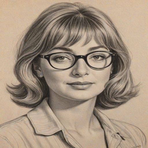 Enticing Penny Marshall, pencil sketch, portrait of Alluring woman 1951s in glasses, hair style beatnik, outline, clear lines, fine lines, 8k