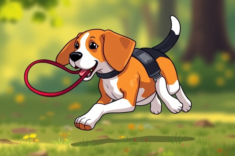 Create a colorful cartoon-style illustration of a beagle dog on a leash, captured in a dynamic running pose, use a digital camera with a 50mm lens, aperture f/2.8, ISO 100, and a shallow depth of field for enhanced clarity.