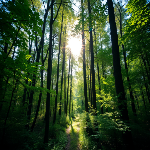 high-resolution image of a lush forest with sunlight filtering through the trees, vibrant green foliage, soft focus background, shot with a Canon EOS R5, 50mm lens, f/2.8, ISO 100, natural light, capturing serene atmosphere and depth.