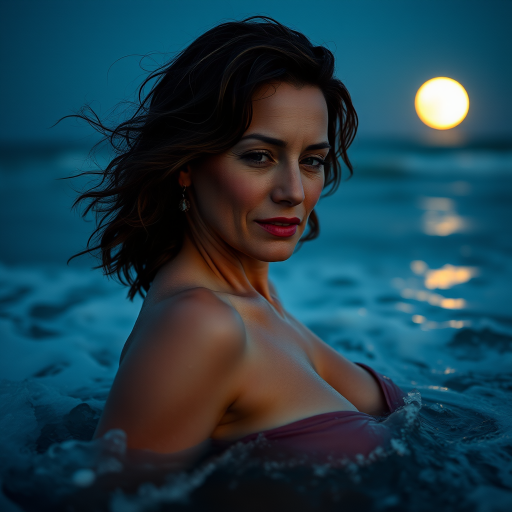 Best photograph, hyperealistic, UHD, HDR, 5D, 35'mm Leica lens, medium shoot of a sensual beautiful mature woman in the water wave the beach, full moon light effect ,Deep focus, intricate details, 35mm lens shot, lovely and romantic sight, cinematic