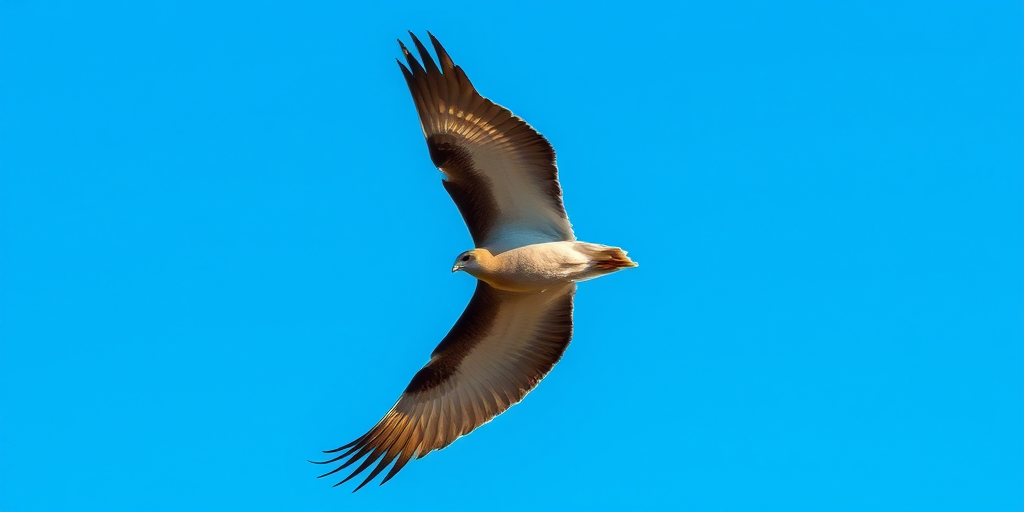 Create an image of a bird soaring gracefully against a clear blue sky, capturing the details of its wings and body in mid-flight with a Canon EOS 5D Mark IV, 1/2000s shutter speed, f/8 aperture, ISO 100, in a landscape orientation to enhance image quality.