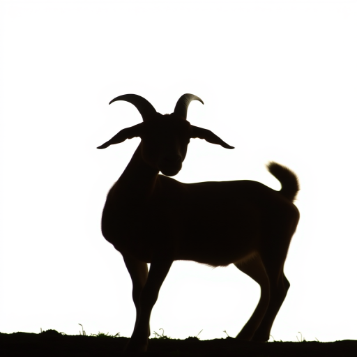 Create a high-resolution silhouette of a goat, captured in natural light, using a DSLR camera with a 50mm lens, aperture set at f/2.8, ISO 100, and a shallow depth of field to focus on the outline and details of the animal against a white background.