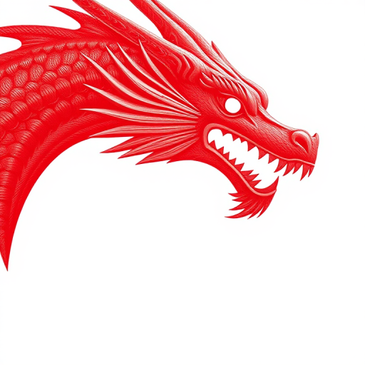Create a high-resolution image of a stylized red dragon head in profile, background white, digital art style, shot with a Canon EOS 5D Mark IV, 50mm lens, aperture f/2.8, ISO 100, soft focus with high contrast.