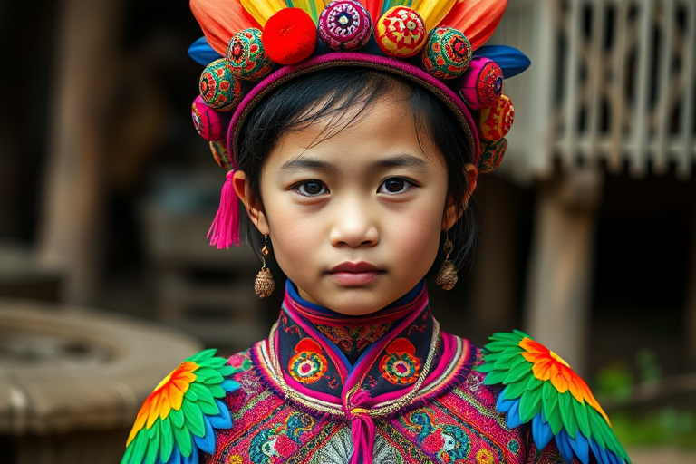 A beautiful Miao girl, wearing colorful bird clothing with vibrant colors