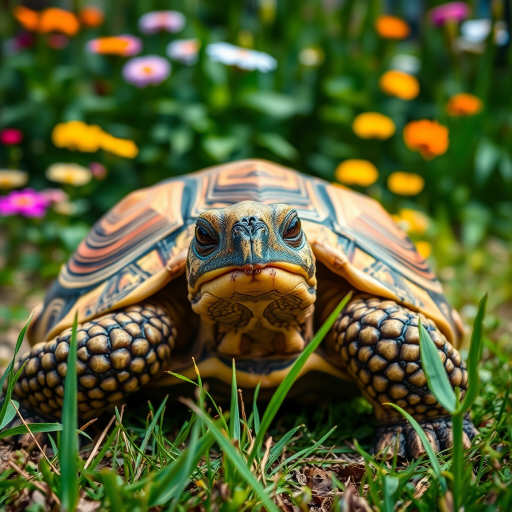 capture a detailed close-up of a tortoise in a garden setting with vibrant flowers and greenery, f-stop 2.8, shutter speed 1/250, ISO 200, macro lens, natural light