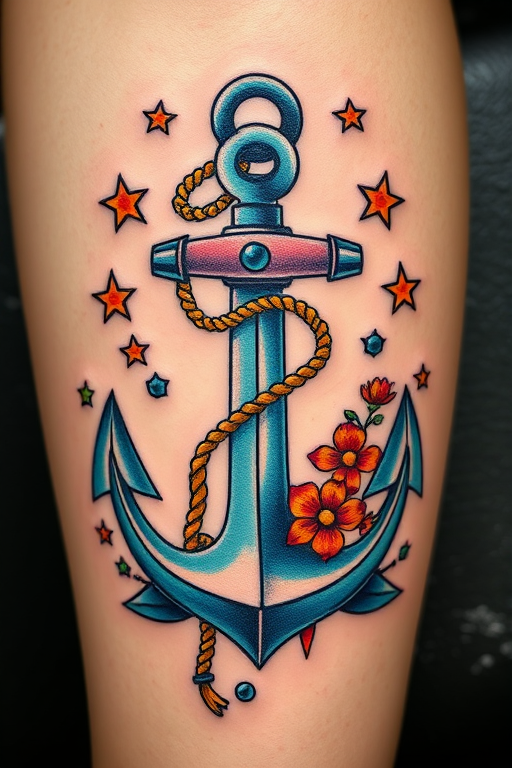 Neo-traditional anchor tattoo titled "Sea's Embrace" combining bold lines and vivid colors with a classic maritime motif. Rich shades of blue and teal create a sense of depth, while touches of red and yellow add warmth. Intricate details like rope, flowers, and nautical stars surround the anchor, creating a visually stunning piece steeped in symbolism.