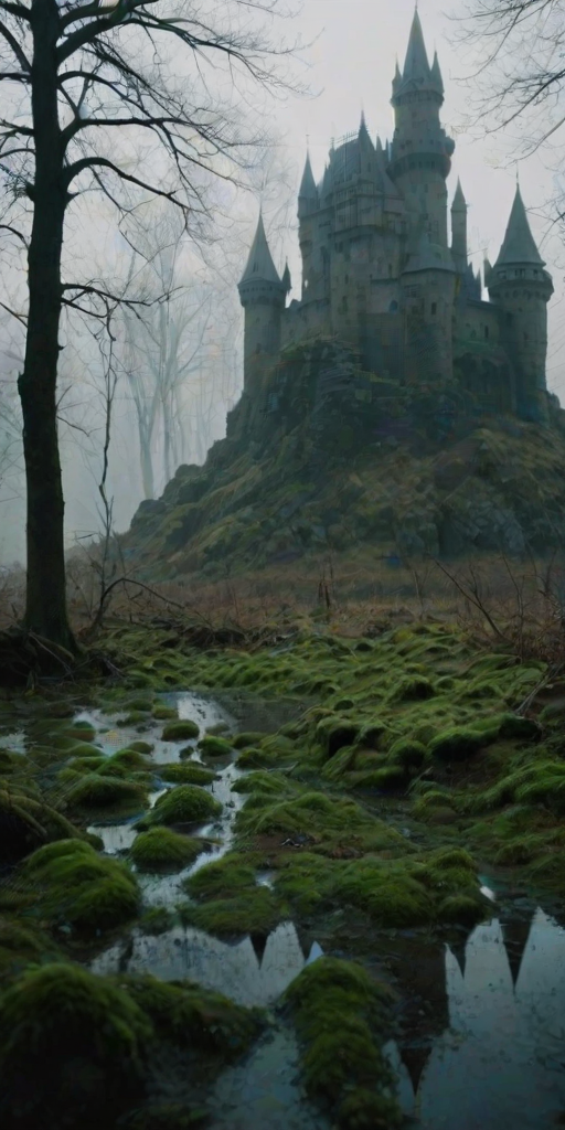 scene, huge castle, moss, mist, fog, mistery, dark fantasy, low light, depth of field, highly detailed, high contrast, film grain, Rim Lighting, Long Exposure, DSLR