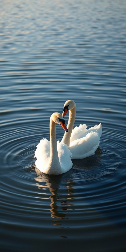swans gracefully interacting on a serene lake, soft ripples in the water, natural lighting, shallow depth of field, 50mm lens, f/2.8 aperture, ISO 100, shutter speed 1/500s, taken with a DSLR camera, landscape orientation