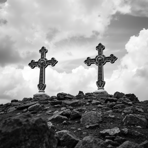 Create a high-resolution black and white image of two ornate crosses on a rocky hilltop under dramatic clouds, using a DSLR camera with an aperture of f/4, shutter speed of 1/250s, ISO 200, and a low-angle perspective to emphasize the height and detail of the crosses.