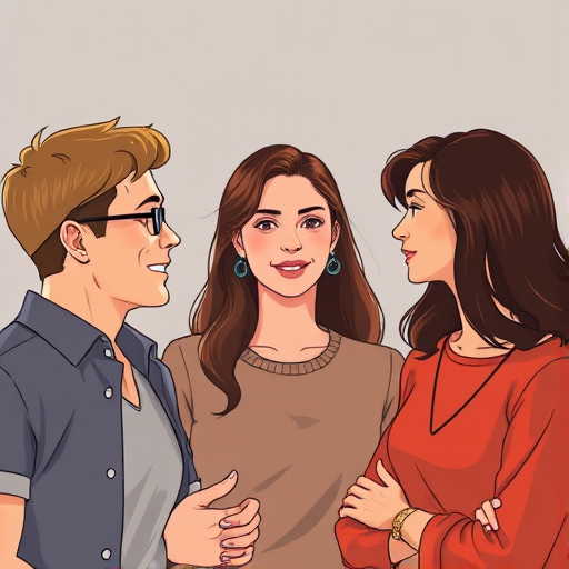 Create an illustration of three people in conversation, focusing on their expressions and body language, with a 50mm lens, f/2.8 aperture, soft natural lighting, in a high-resolution digital format, using a contemporary illustration style.