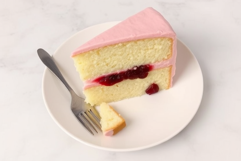 A slice of vanilla cake with pink frosting and a layer of red fruit jam on a white plate with a silver fork beside it and a small piece of cake cut out on the side. The background is a smooth marble surface.