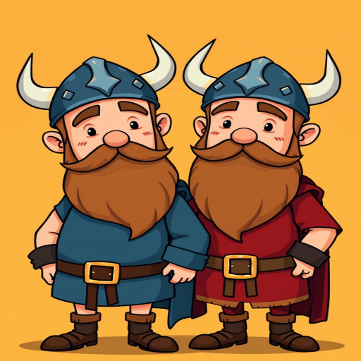 Create a detailed illustration of two cartoon-style Vikings standing side by side, one with a blue tunic and one with a red tunic, each wearing horned helmets and bushy beards, set against a warm yellow background, using a DSLR camera with a 50mm lens, aperture f/1.8, ISO 100, and well-lit with soft diffused lighting for enhanced image quality.