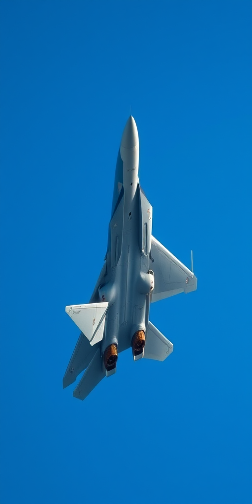 high-resolution image of an F-15 fighter jet flying against a clear blue sky, captured with a DSLR camera, 50mm lens, f/8 aperture, 1/1000 sec shutter speed, ISO 100, shot in bright daylight with a dynamic angle for depth and clarity