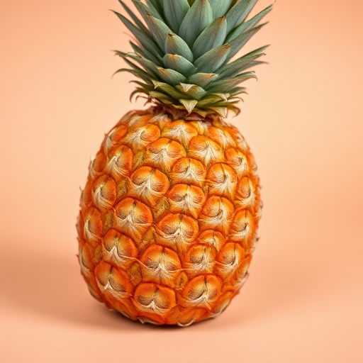 Close-up shot of a ripe pineapple on a soft peach background, 50mm lens, f/2.8 aperture, ISO 100, natural light, DSLR camera.