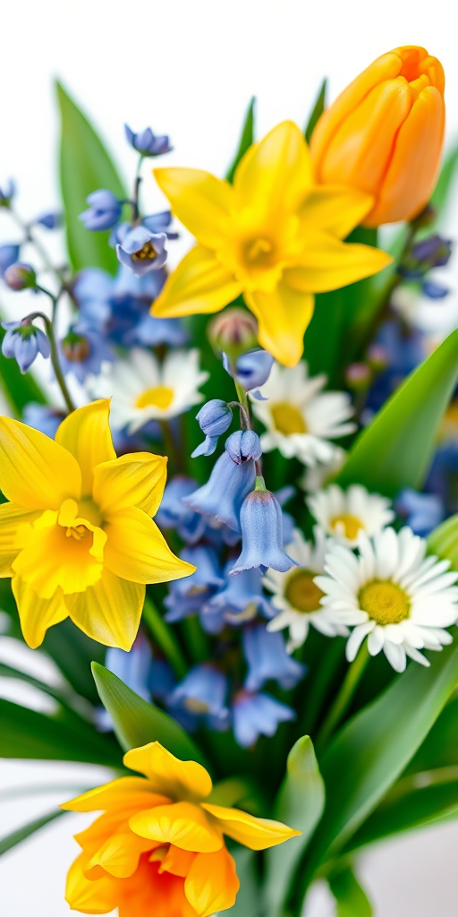 Create a vibrant watercolor illustration of a bouquet featuring yellow daffodils, bluebells, white daisies, and a single orange tulip, with lush green leaves, in a soft focus style, shot with a DSLR camera at f/2.8 aperture, 50mm lens, natural light, and a slight overhead angle to enhance details and colors.