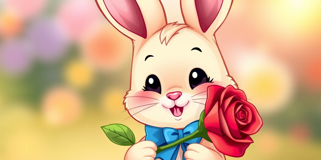 illustration of a cute cartoon bunny holding a red rose with a blue bow around its neck, vibrant colors, soft focus, 50mm lens, f/2.8, natural light, DSLR camera