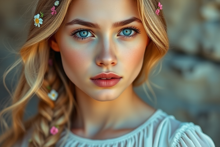 Create an image of a young Latino woman with long, wavy blonde hair, adorned with small, colorful flowers woven into her braids and loose strands. Her complexion is fair, with soft, glowing skin, and she has light blue eyes that gaze softly at the viewer. She wears a light, flowing dress with a gentle, ethereal quality, complementing her delicate and serene appearance. The background is slightly blurred, drawing focus to her tranquil expression and the intricate details of the flowers in her hair. The overall mood of the image is one of natural beauty and grace, evoking a sense of peacefulness and connection with nature.