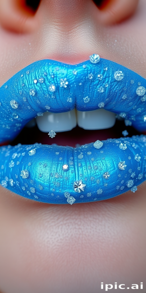 Frosty ice blue lips sparkle with tiny crystals, evoking a winter wonderland aesthetic and adding a touch of magic to any beauty look